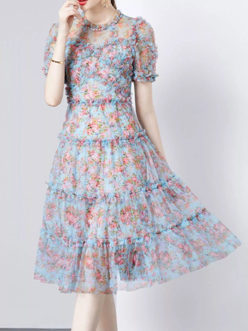Brocade frill floral print short sleeve dress, front view