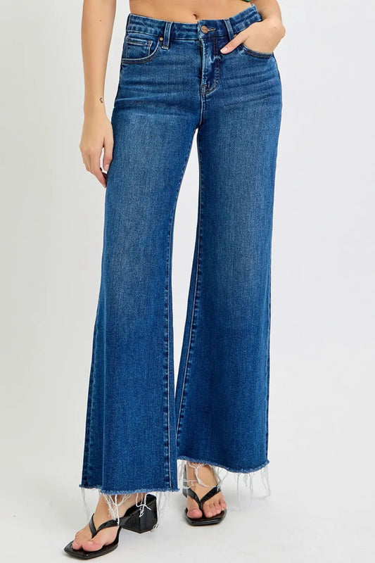RISEN Tummy Control High Rise Wide Leg Jeans Dark - Fashorio