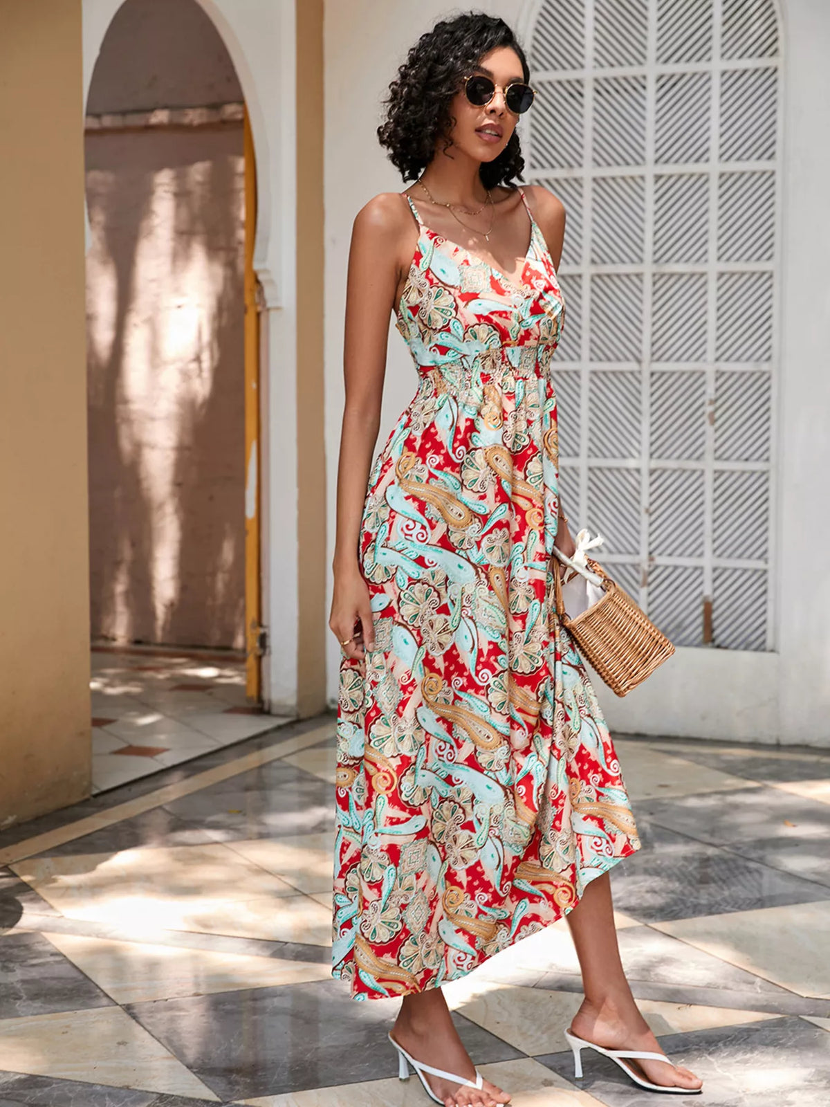 Floral print spaghetti strap midi dress styled view