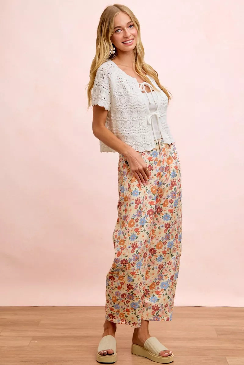 Full length casual styling of the BiBi floral twill pants