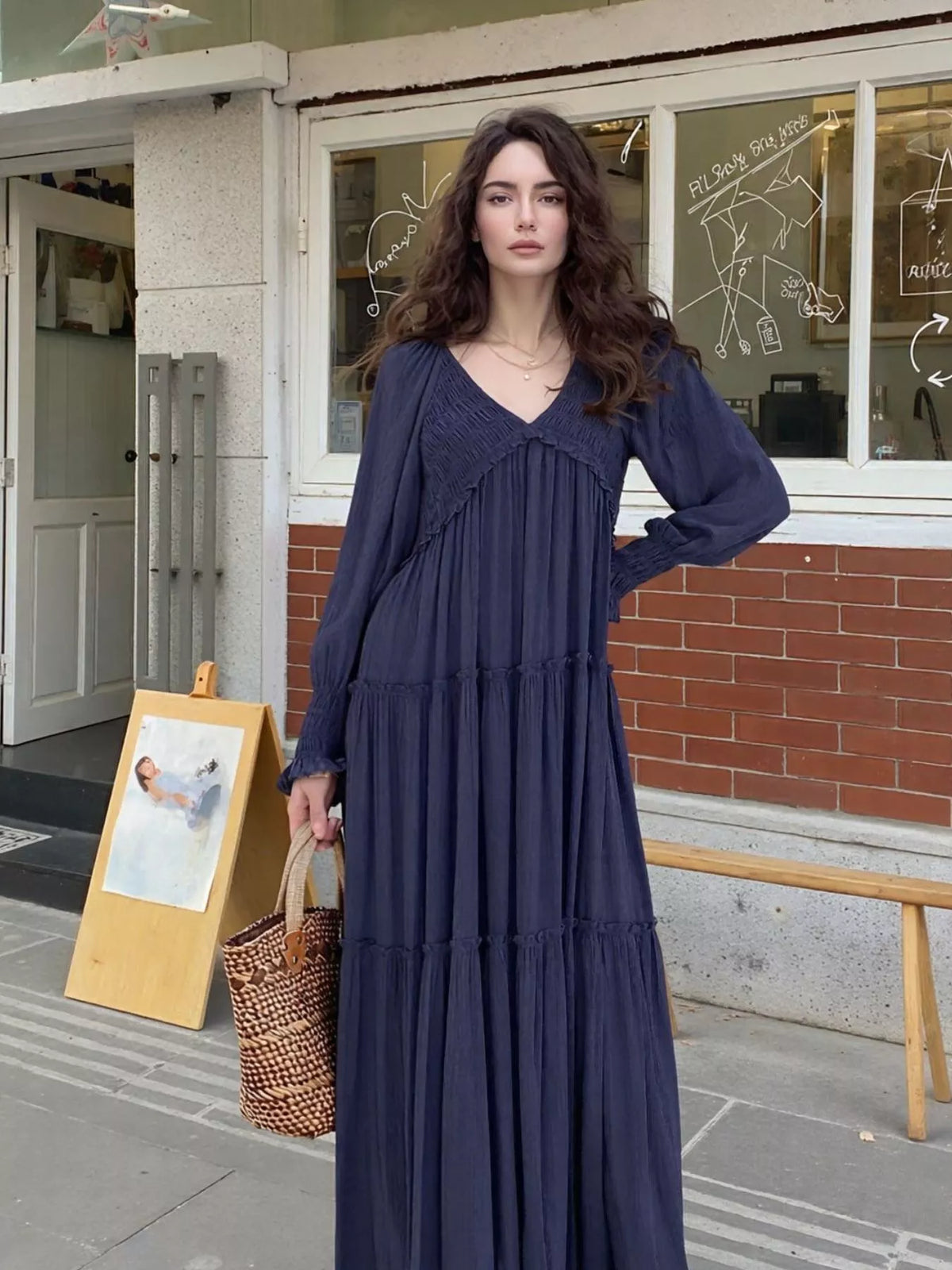 v neck long sleeve tiered maxi dress detail view 3