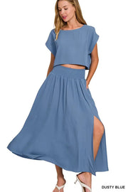 Zenana Woven Crinkle Gauze Crop Tee and Skirt Set - Fashorio