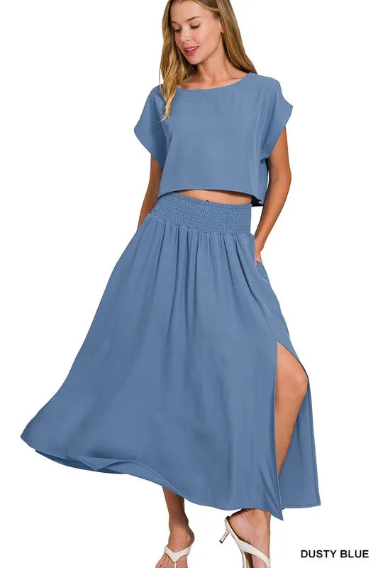 Zenana Woven Crinkle Gauze Crop Tee and Skirt Set - Fashorio
