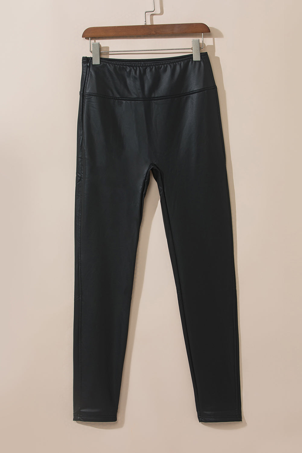 Black faux leather leggings full outfit view
