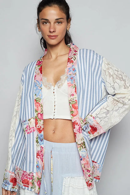 POL Lace Long Sleeve Striped Cardigan with Floral Patchwork Detail - Fashorio