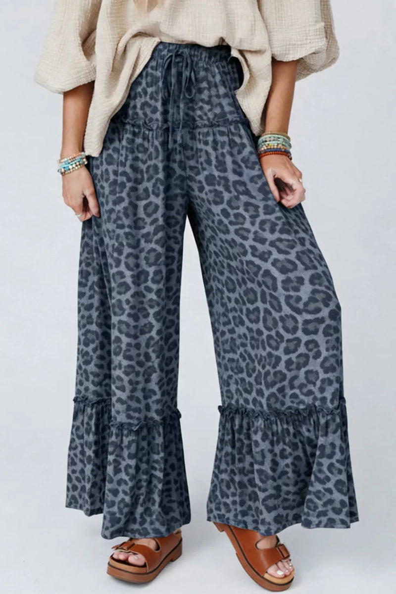 Leopard print drawstring wide leg pants front view