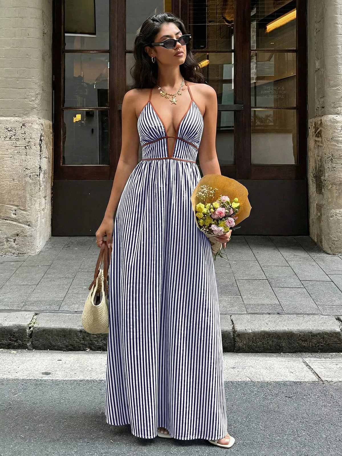 striped halter neck maxi dress fabric detail