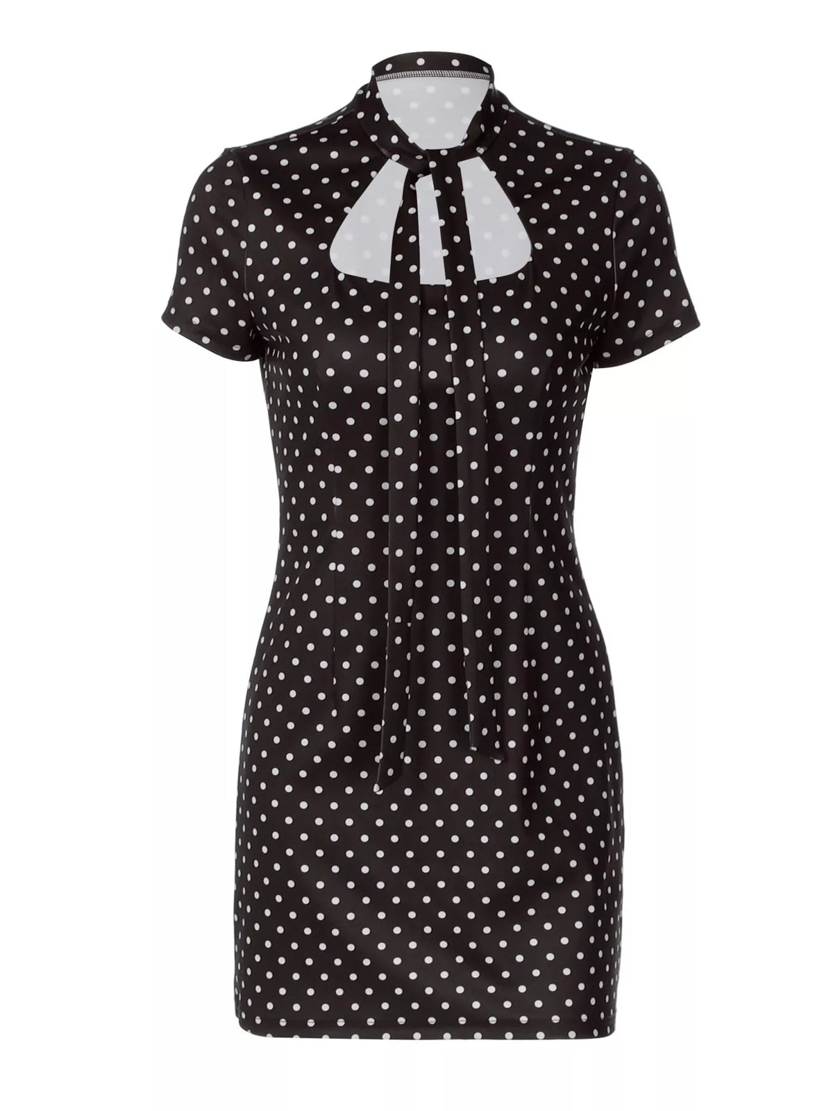 White polka dot mini dress shown seated