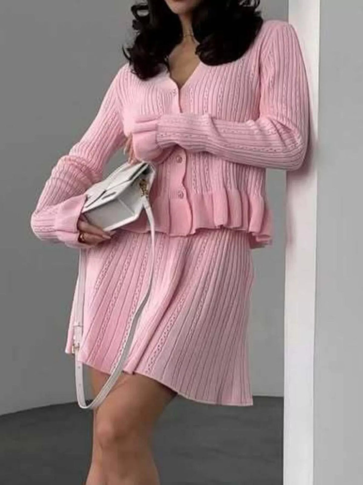 Knit cardigan and skirt matching set side view