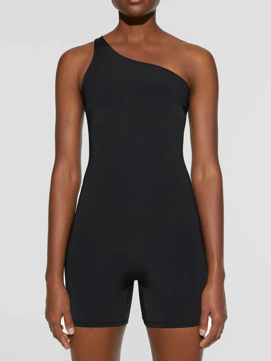 Single Shoulder Active Romper Black - Fashorio