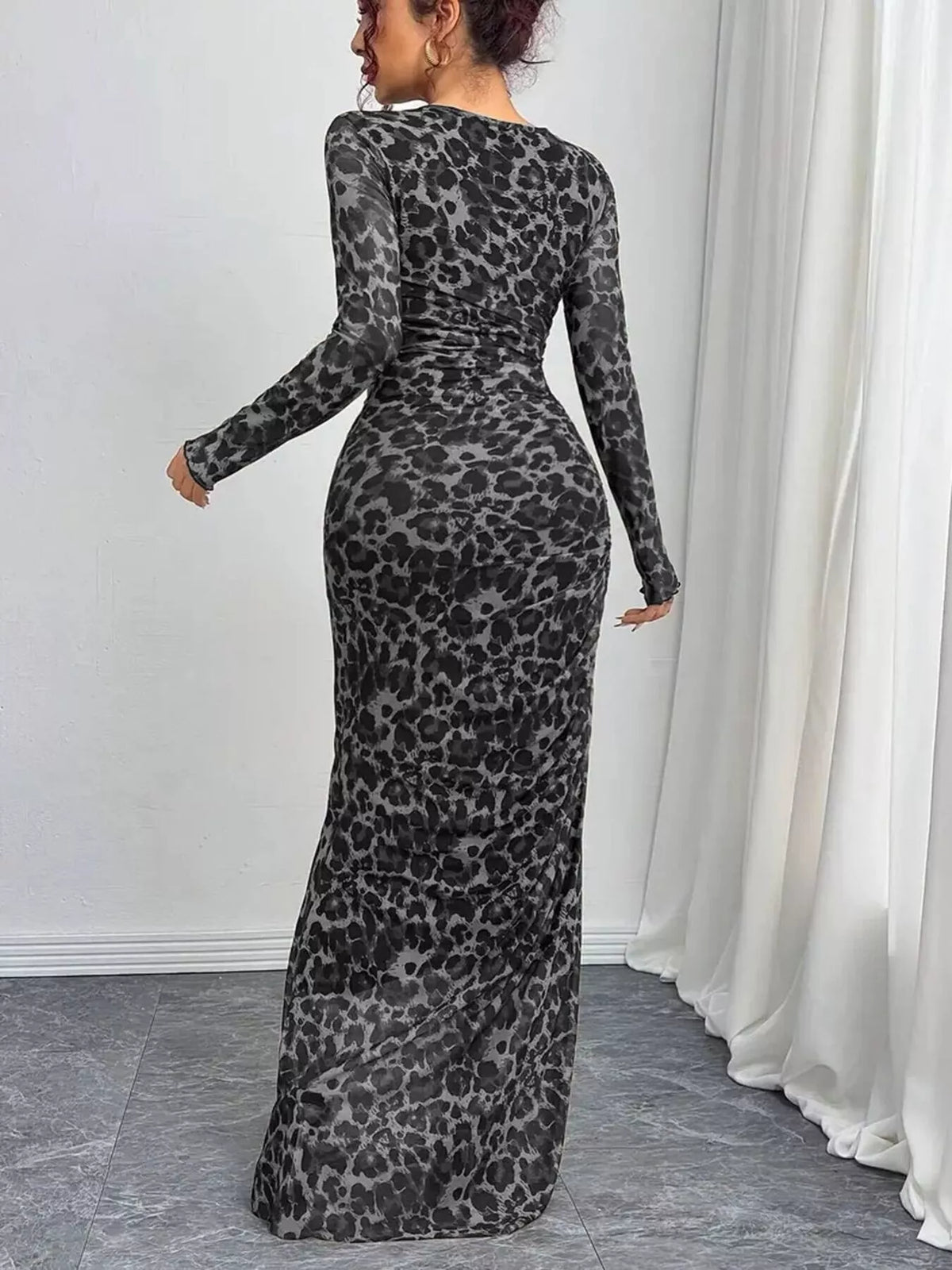 Leopard ruched bodycon maxi dress styled view