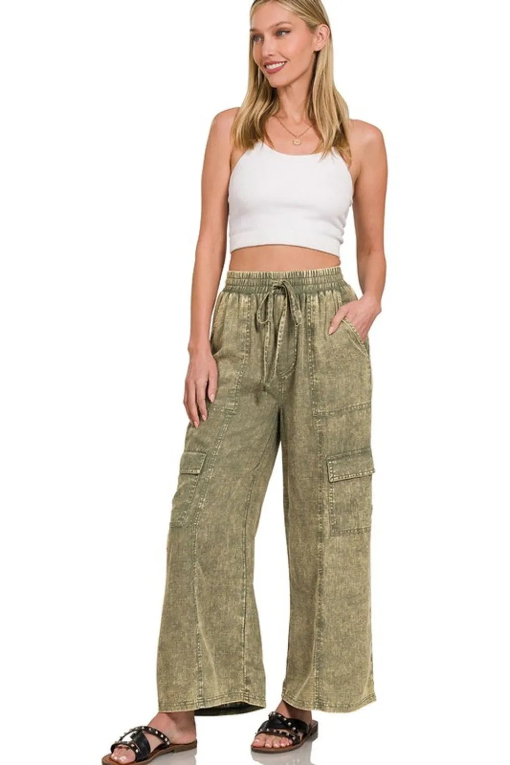 Zenana Washed Linen Elastic Band Waist Cargo Pants - Fashorio