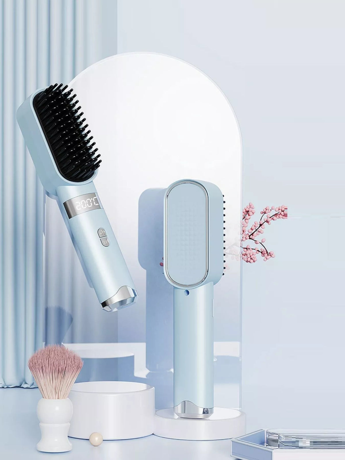 Straightening comb heated bristles close up