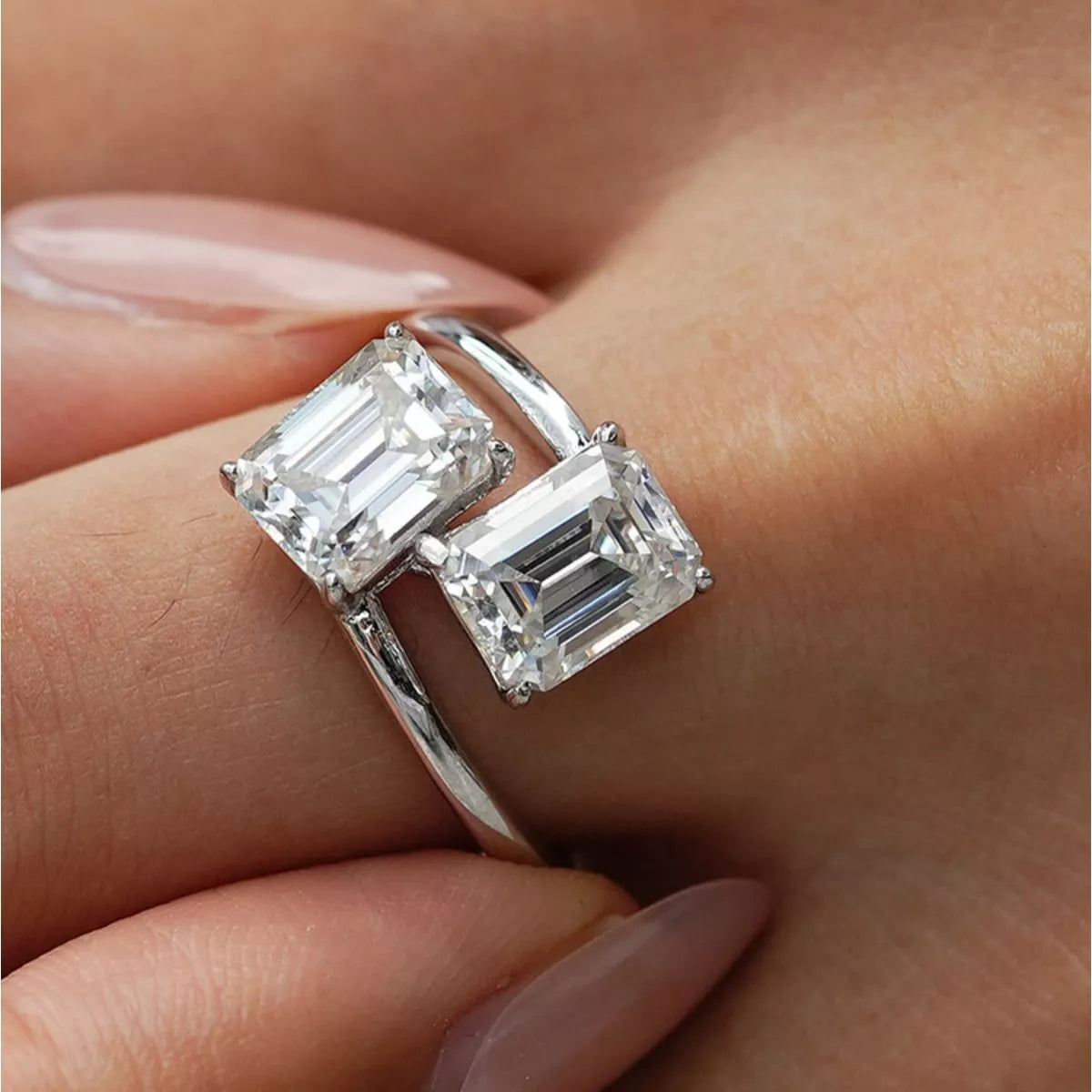 Top view of the 2 carat moissanite bypass ring