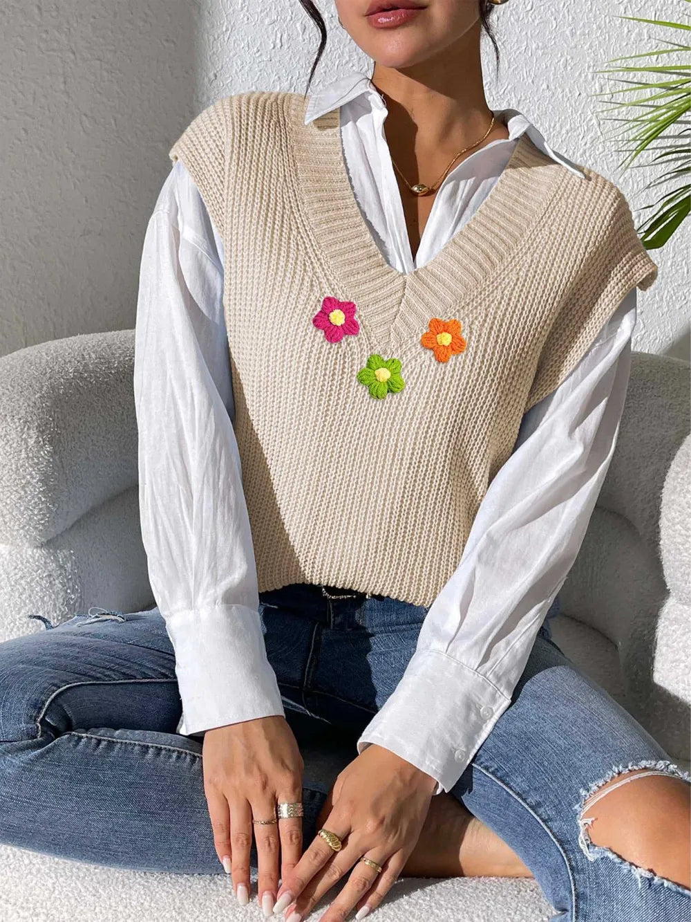 Floral V Neck Sweater Vest in Ivory view 8