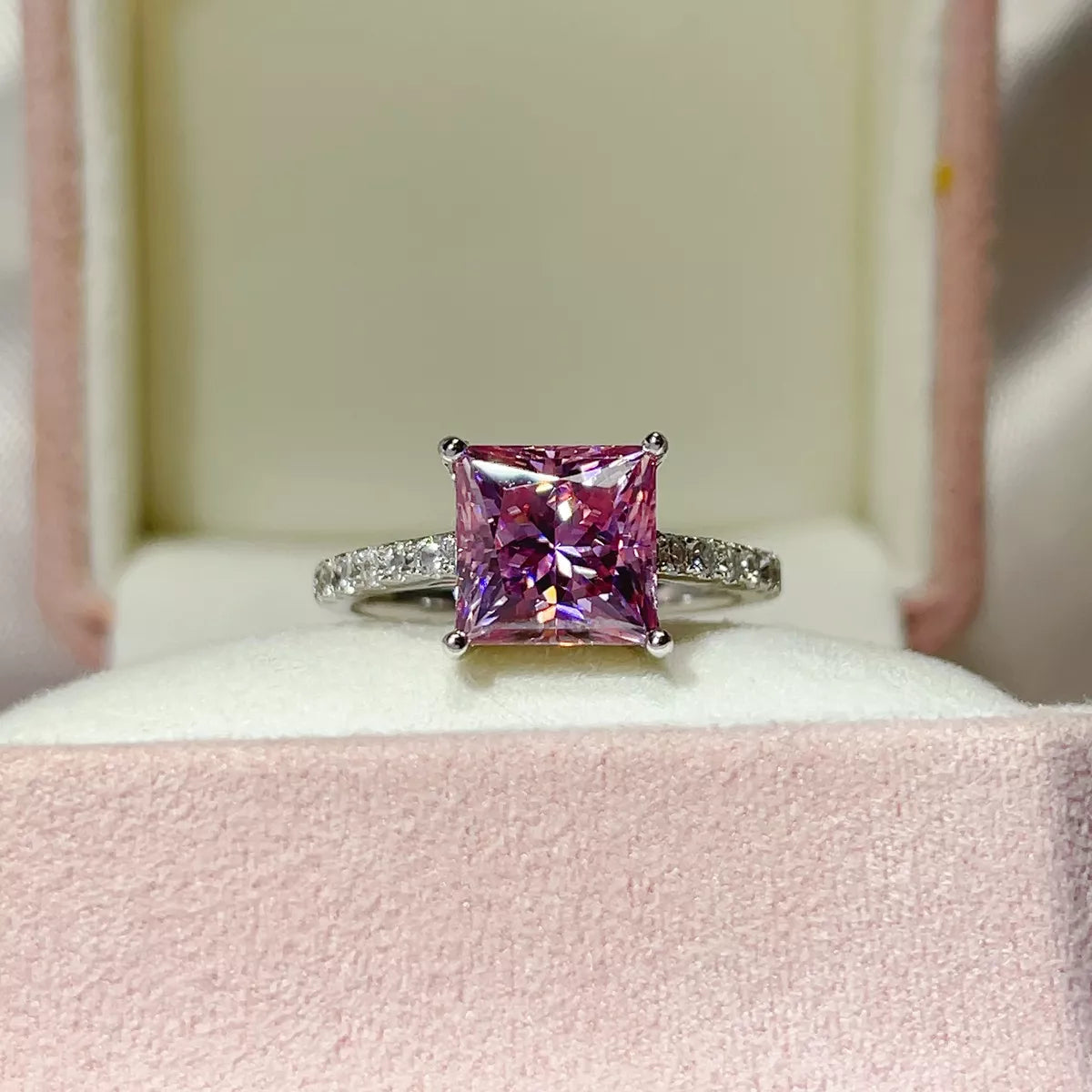 Pink purple moissanite ring in sterling silver