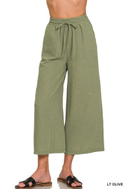 Zenana Woven Crepe Elastic Band Waist Cropped Pants - Fashorio