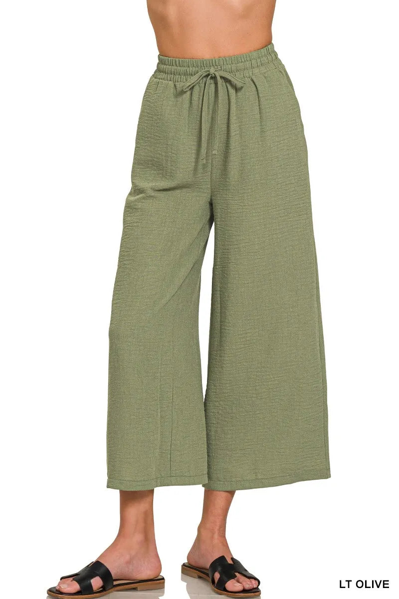 Zenana Woven Crepe Elastic Band Waist Cropped Pants - Fashorio
