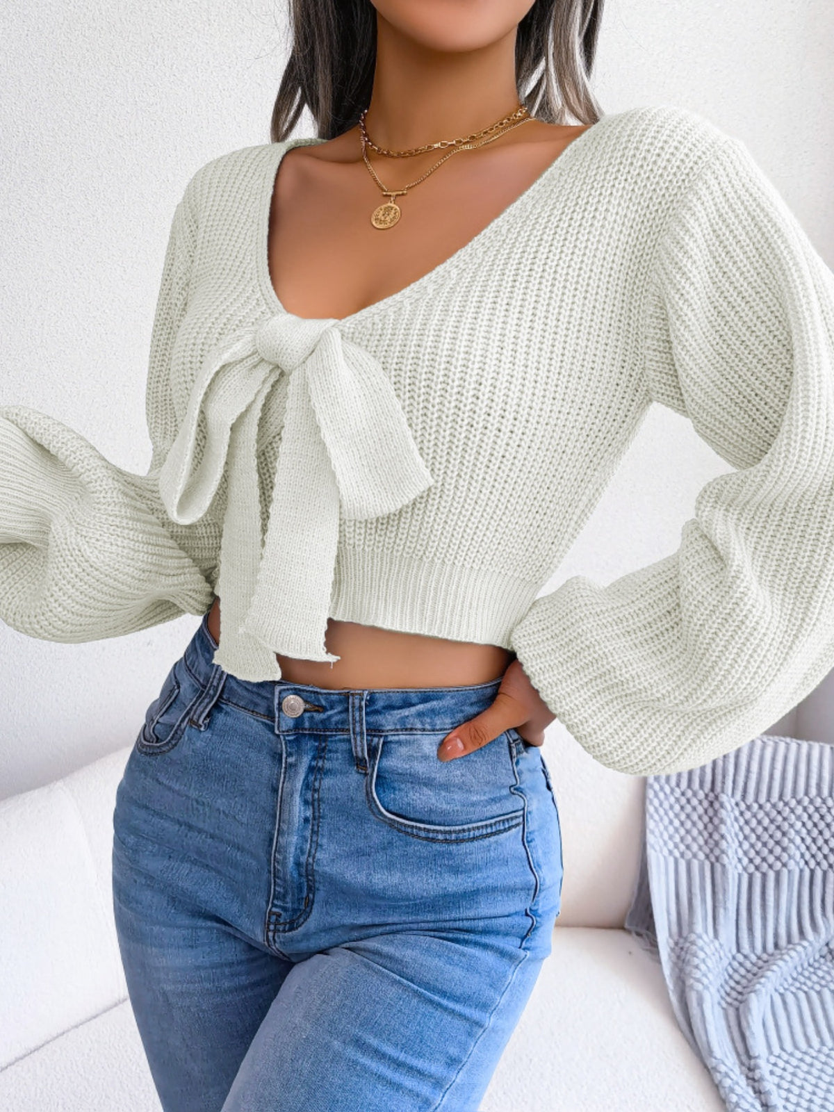 Tie-Front Cropped Sweater, view 15