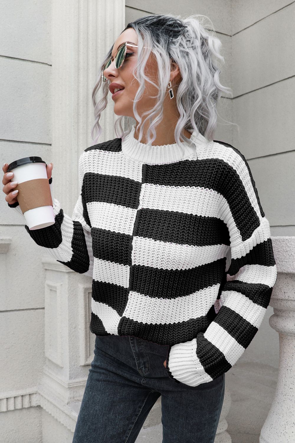 Color Block Dropped Shoulder Sweater - Fashorio