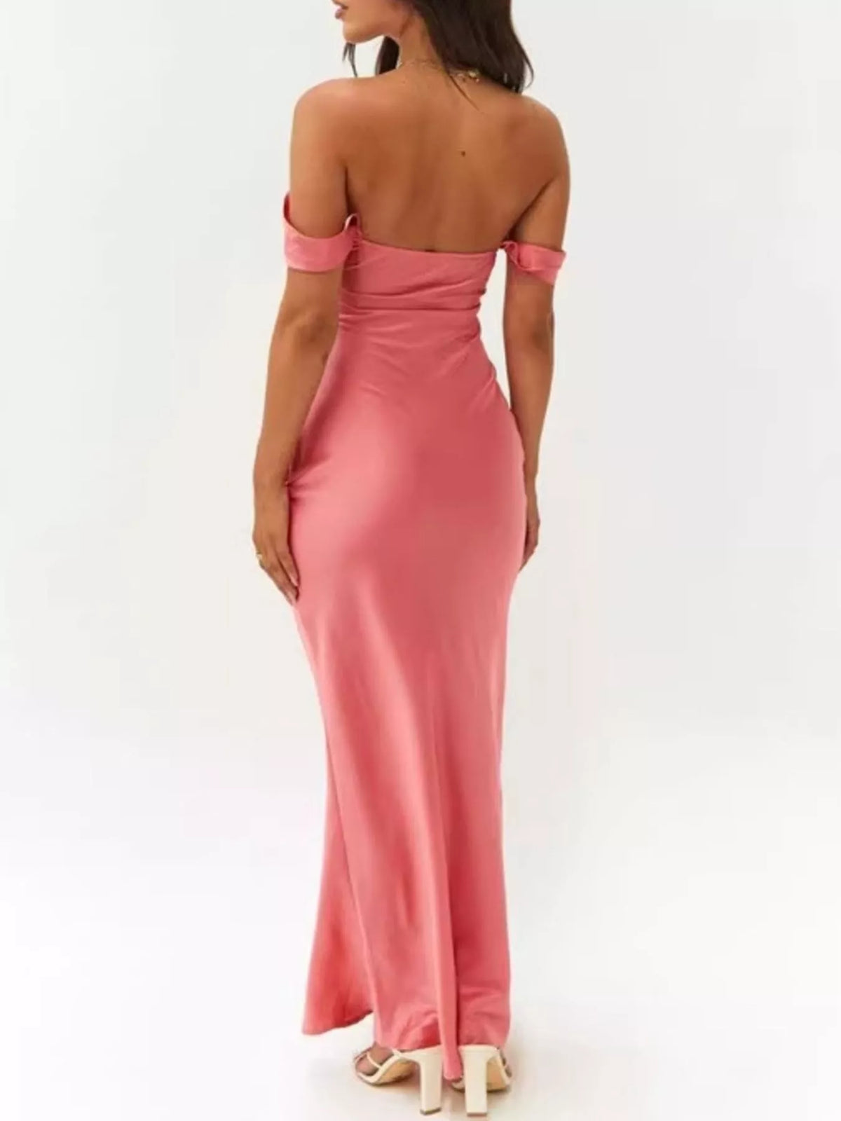 watermelon red off shoulder satin maxi dress skirt detail
