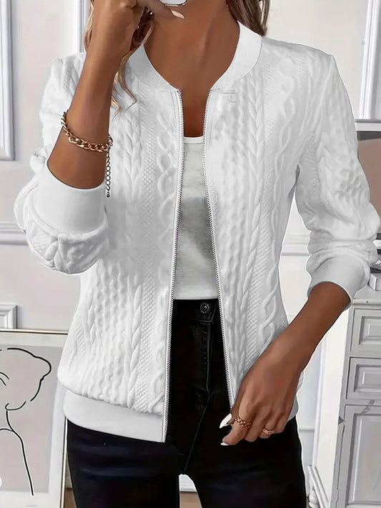Texture Zip Up Long Sleeve Jacket White - Fashorio