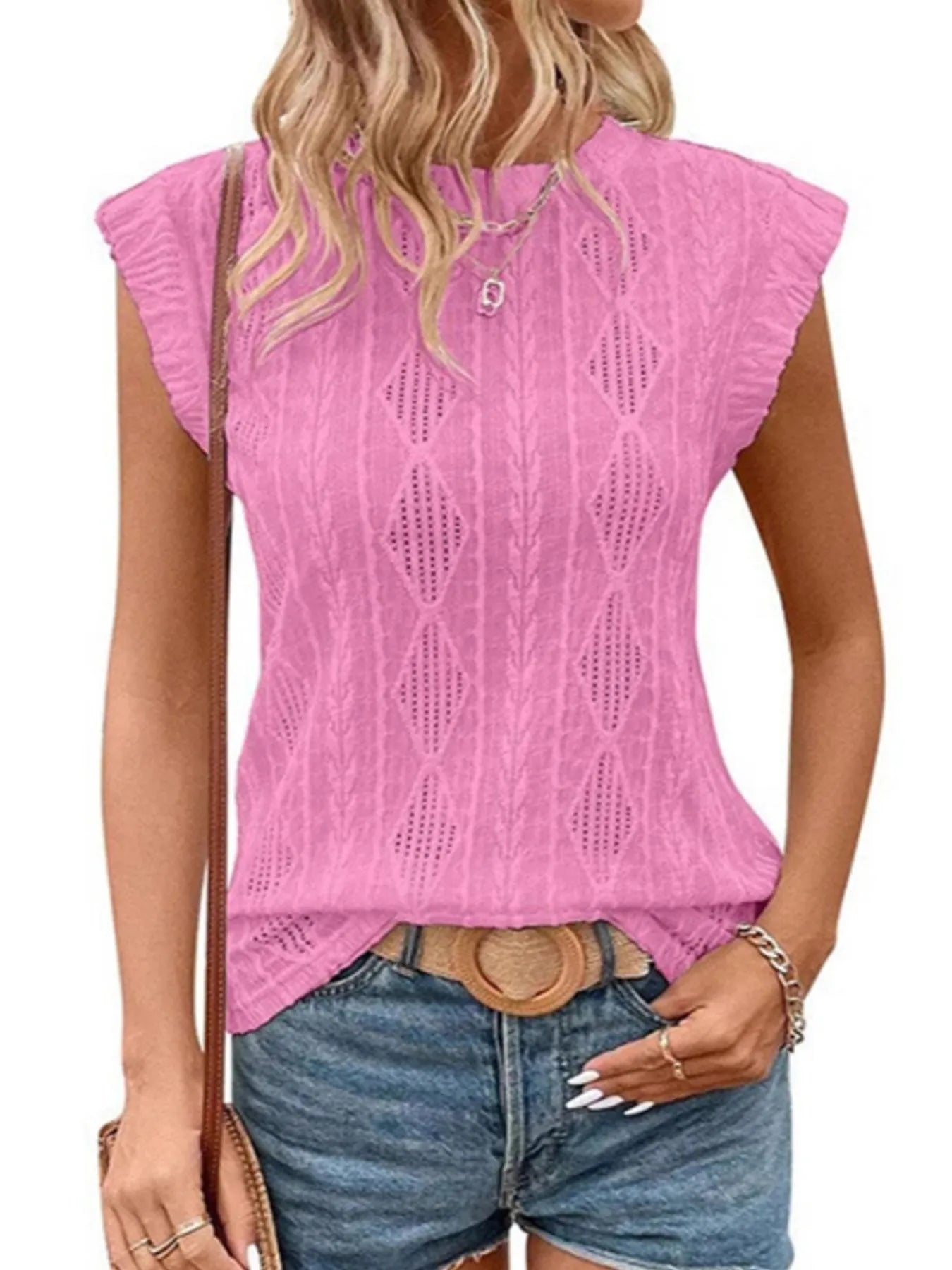 Openwork Round Neck Top Peach Pink - Fashorio