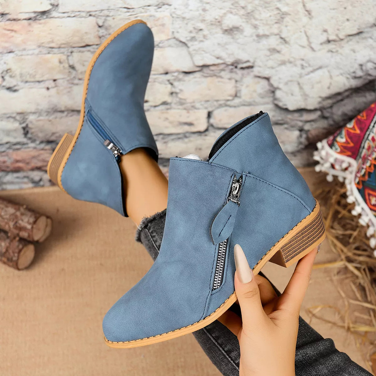 Side zip block heel boots toe close up