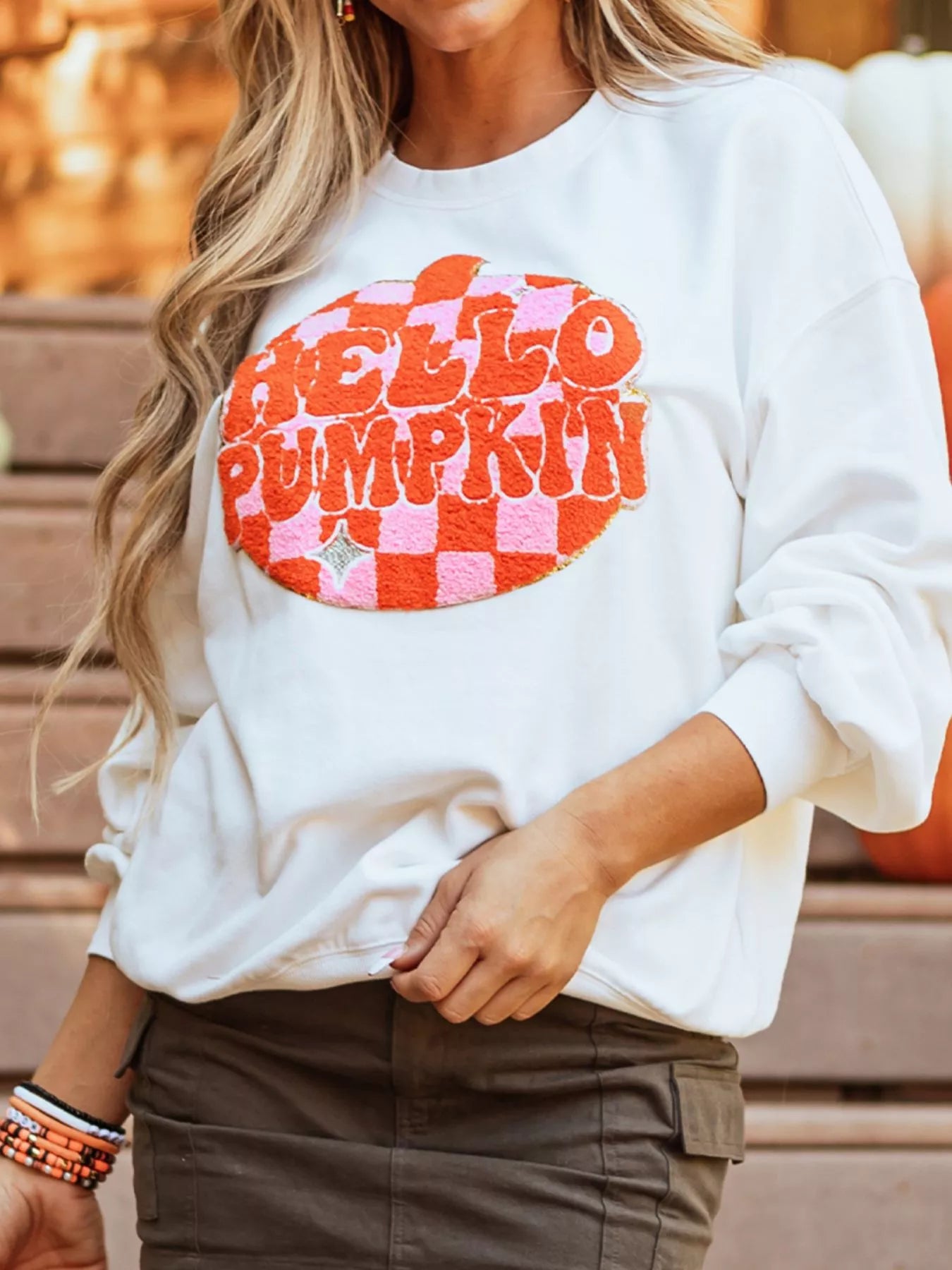 Halloween Pumpkin Patched Pattern Long Sleeve Sweatshirt - Fashorio