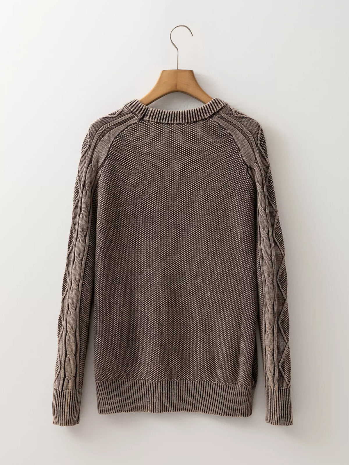contrast cable knit sleeve sweater brown neckline detail