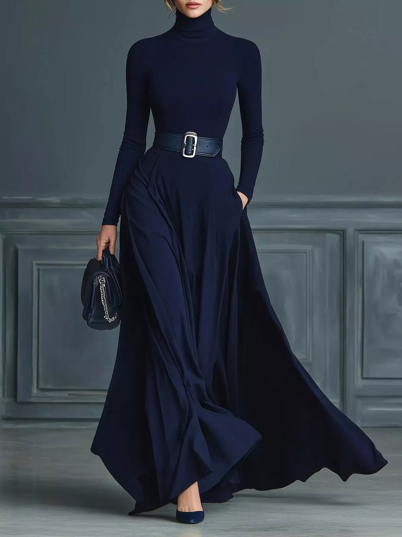 Navy turtleneck long sleeve maxi dress front view