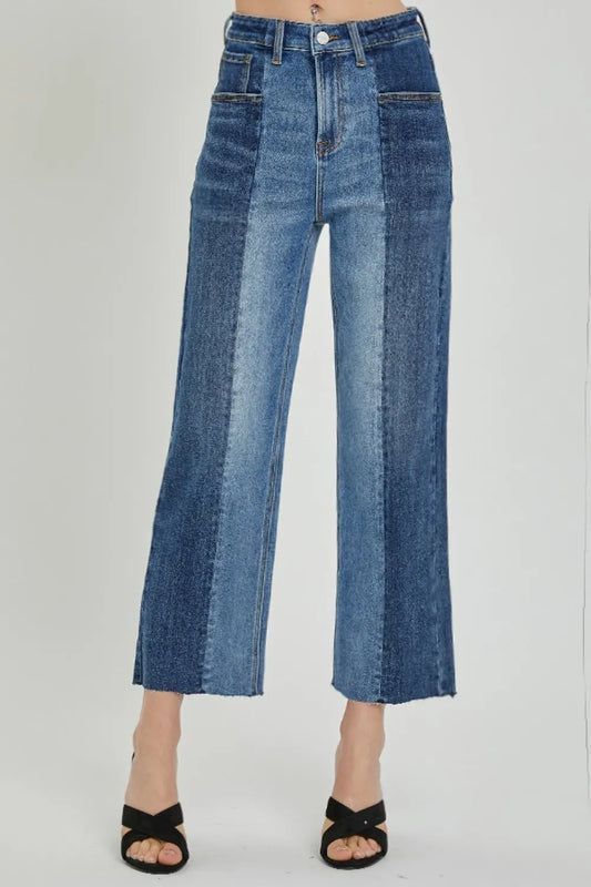 RISEN Mid-Rise Two-Tone Jeans with Pockets – Full Size Denim Dark combo - Fashorio