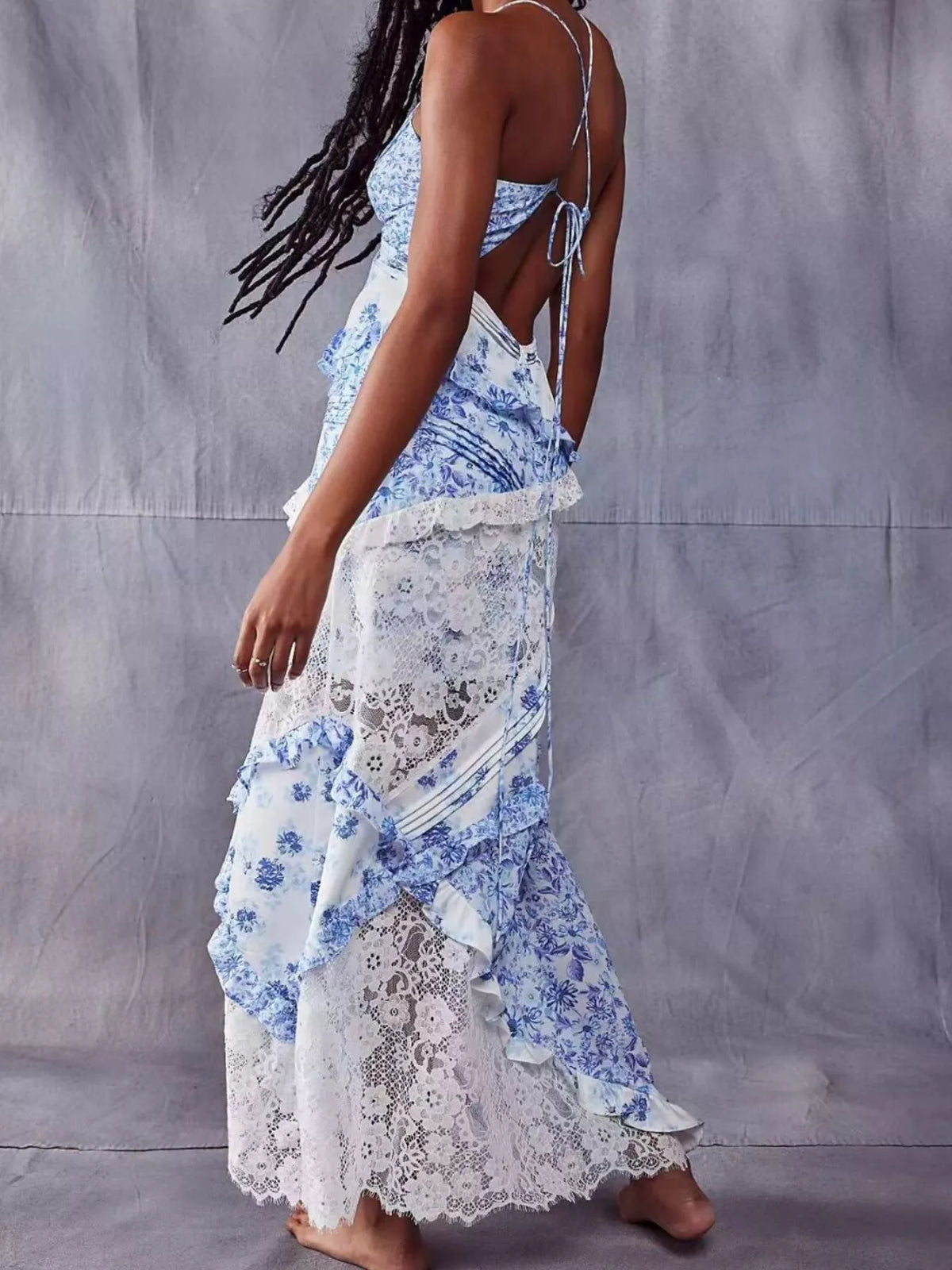 Lace detail ruffled floral v neck maxi dress, neckline and bodice detail