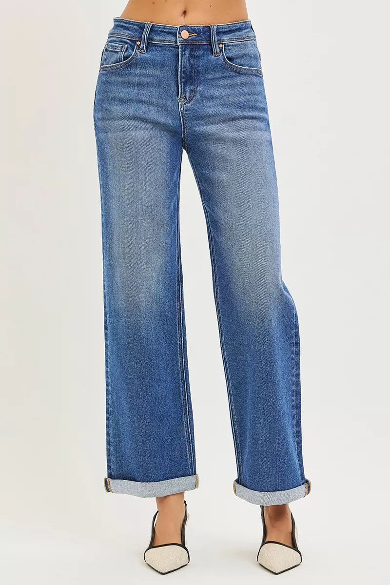 RISEN high rise relaxed straight cuff jeans medium blue wash front view