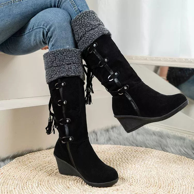 Suede wedge boots with fur cuff front view