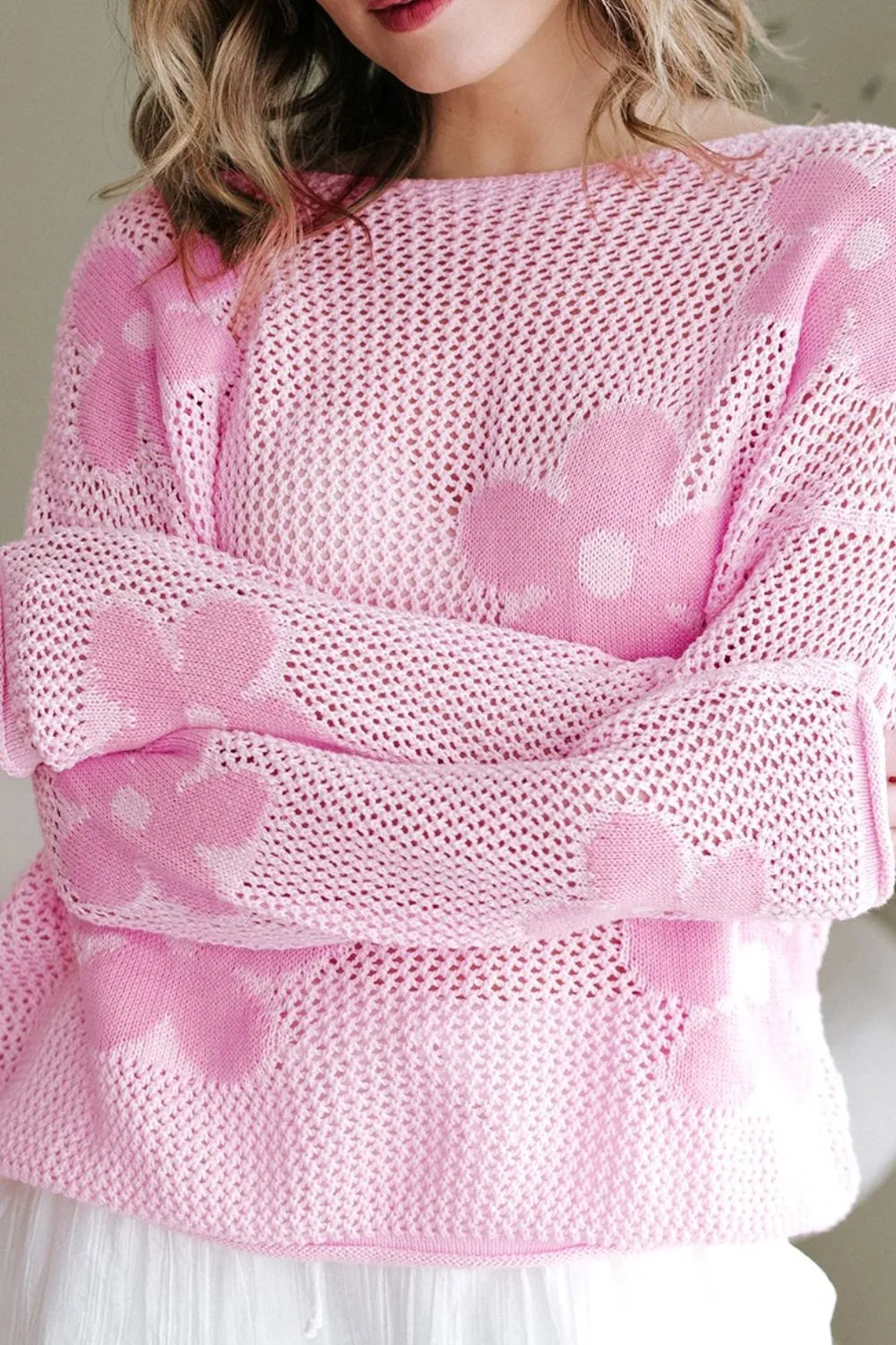 Openwork Round Neck Floral Knit Kimono Cover Up, view 7