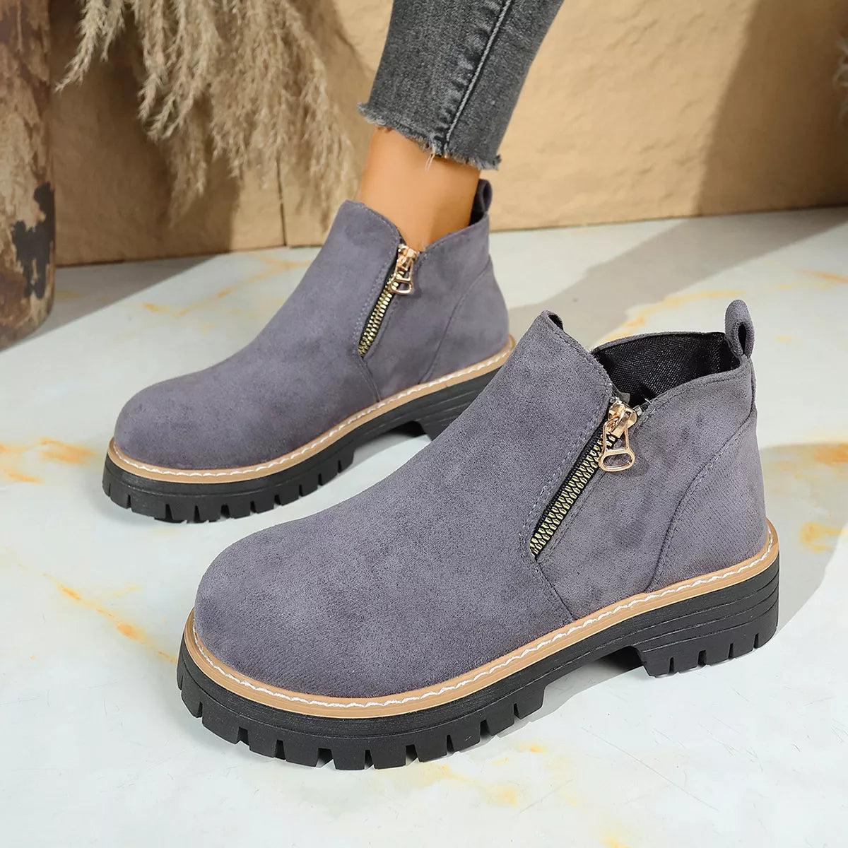 Suede round toe platform boots toe close up