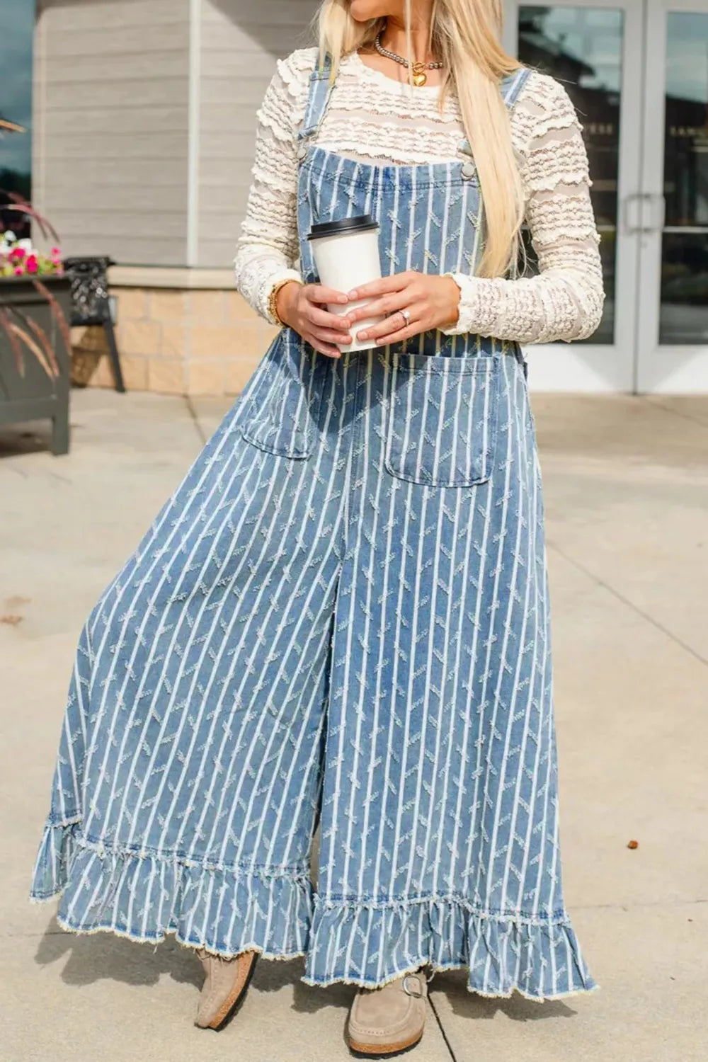 Wide leg striped overalls side view