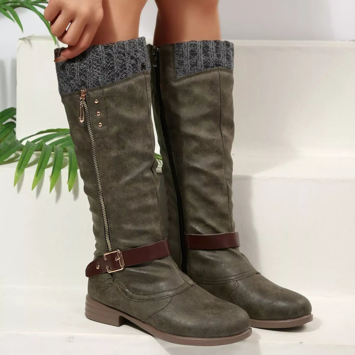 Black round toe block heels boots styled with denim