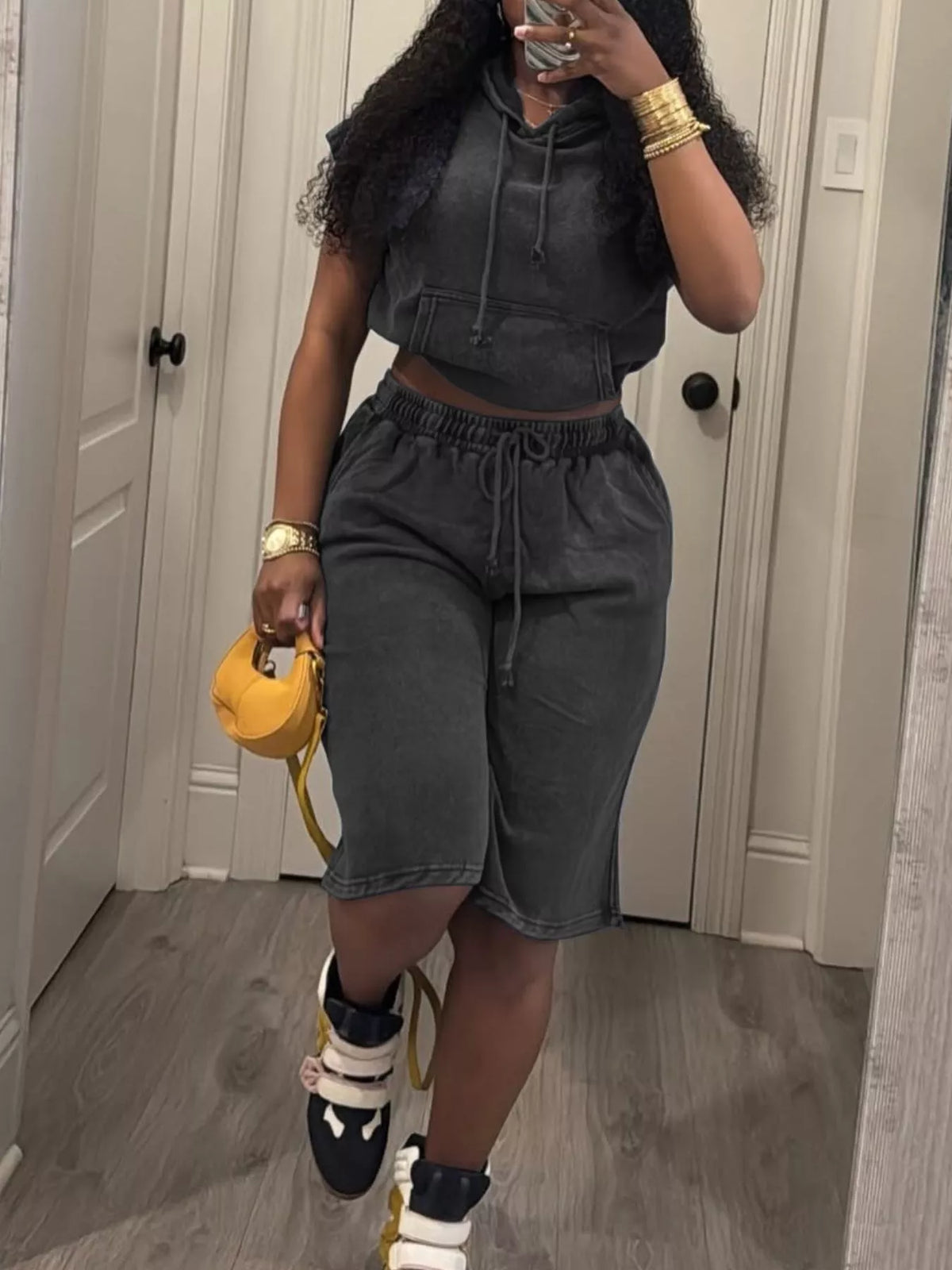 Hooded Crop Top and Shorts Two Piece Set, view 7