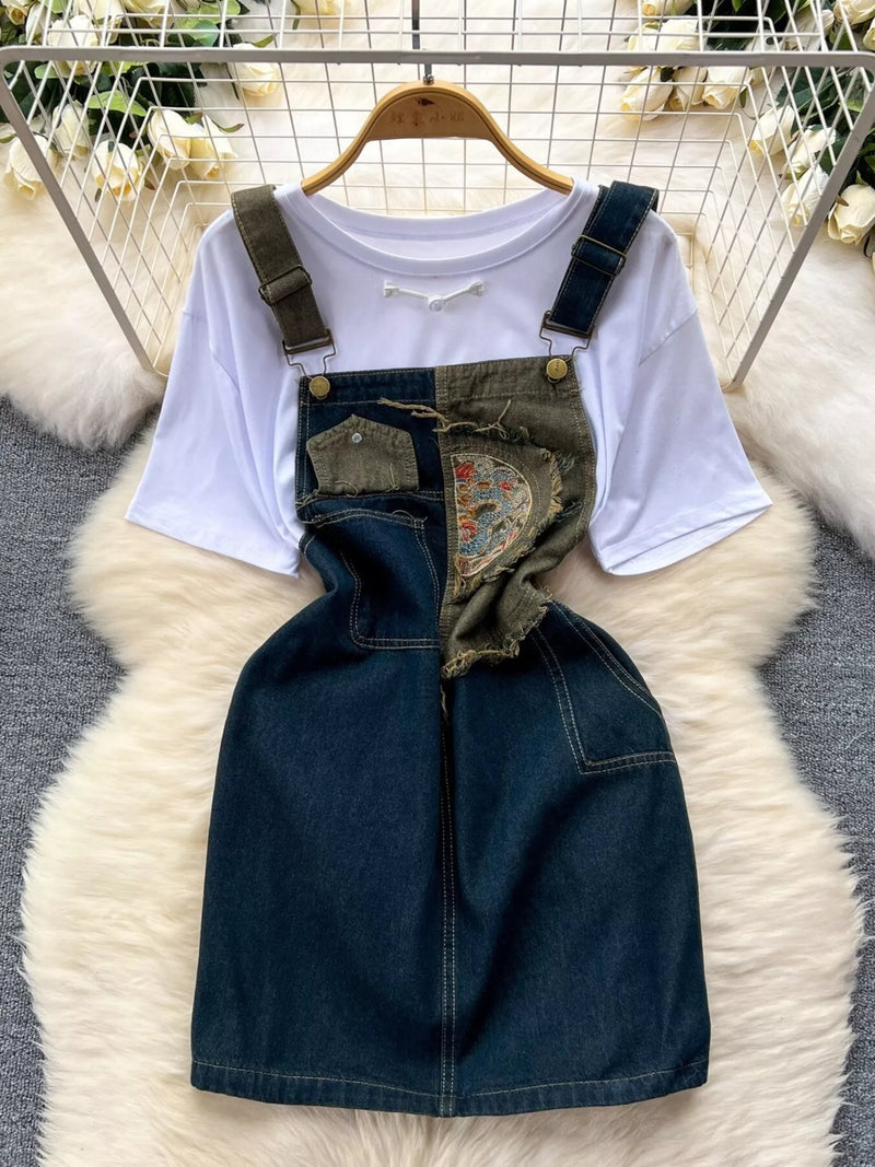 Short sleeve tee and denim overall dress two piece set front view