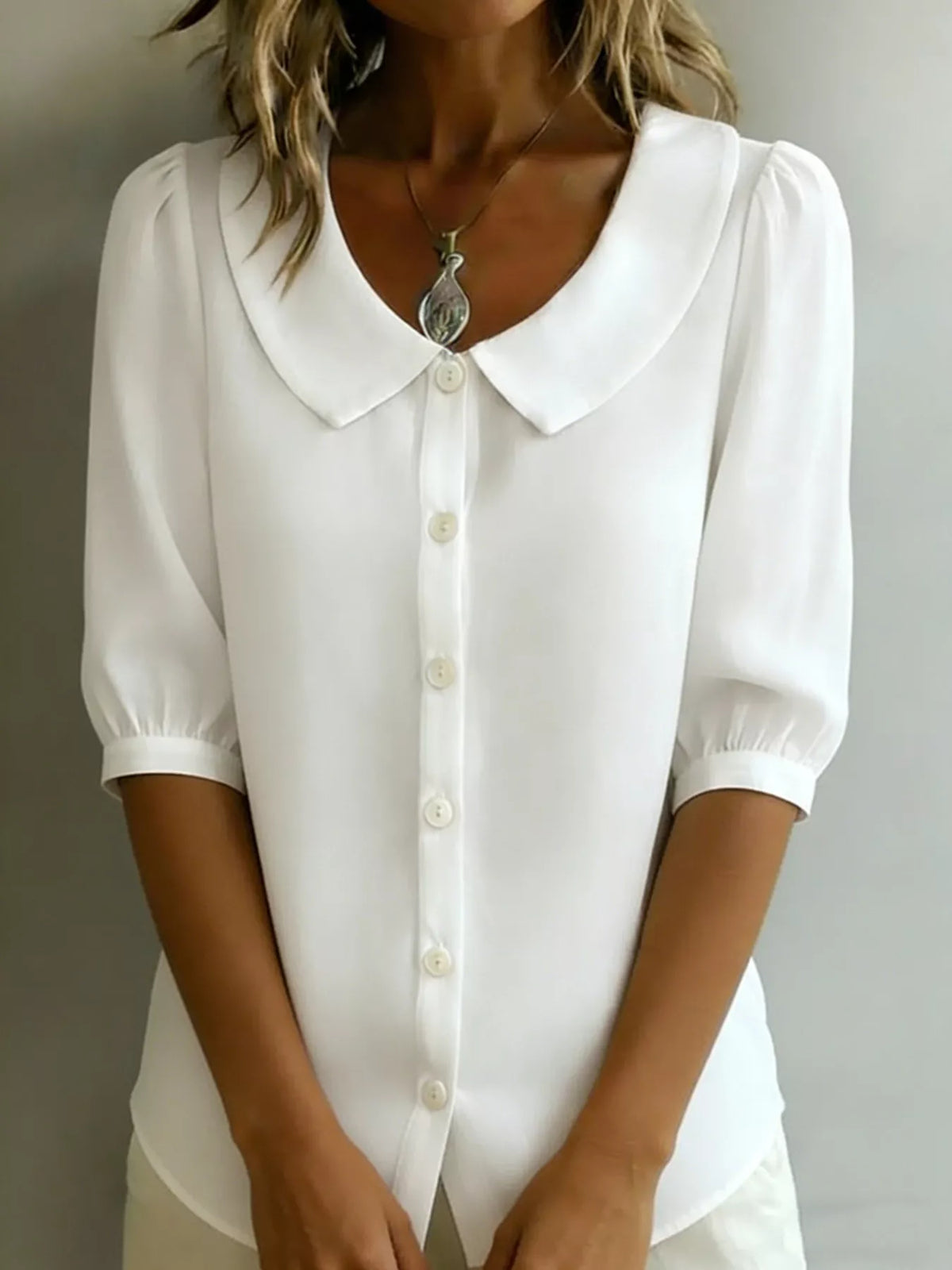 Peter Pan collar puff sleeve button down shirt front view