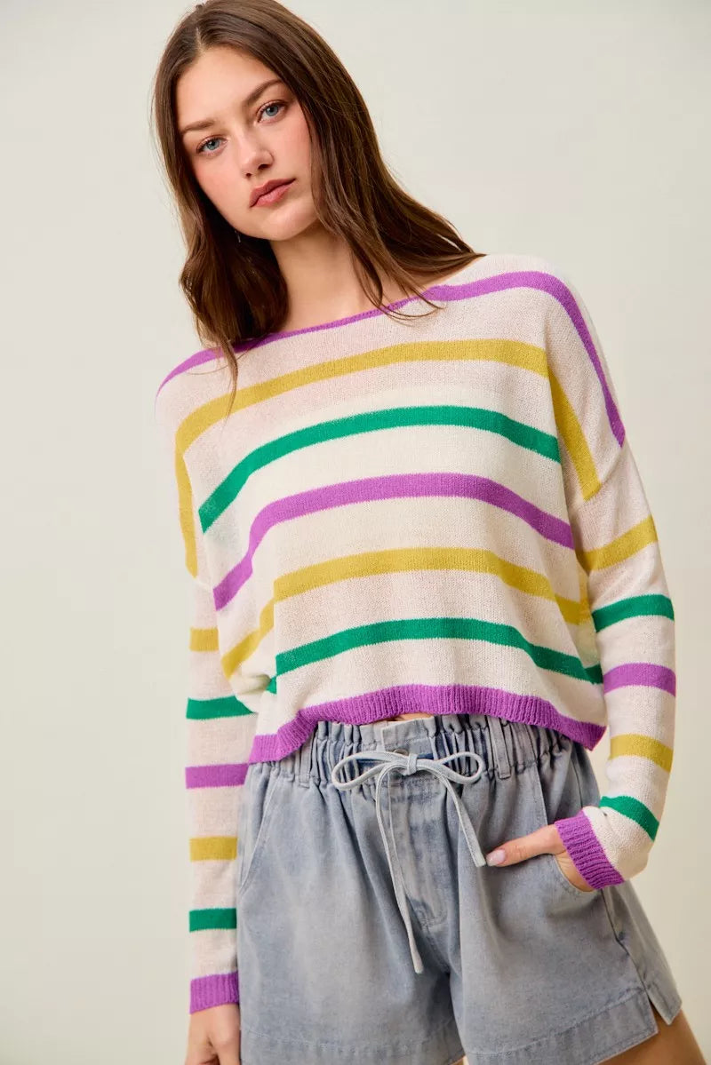Multi Color Stripe Lightweight Sweater Top in Ivory side view