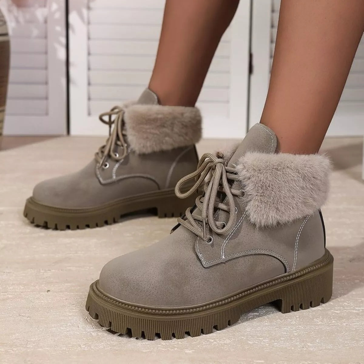 Lace Up Round Toe Block Heel Boots close up of the upper