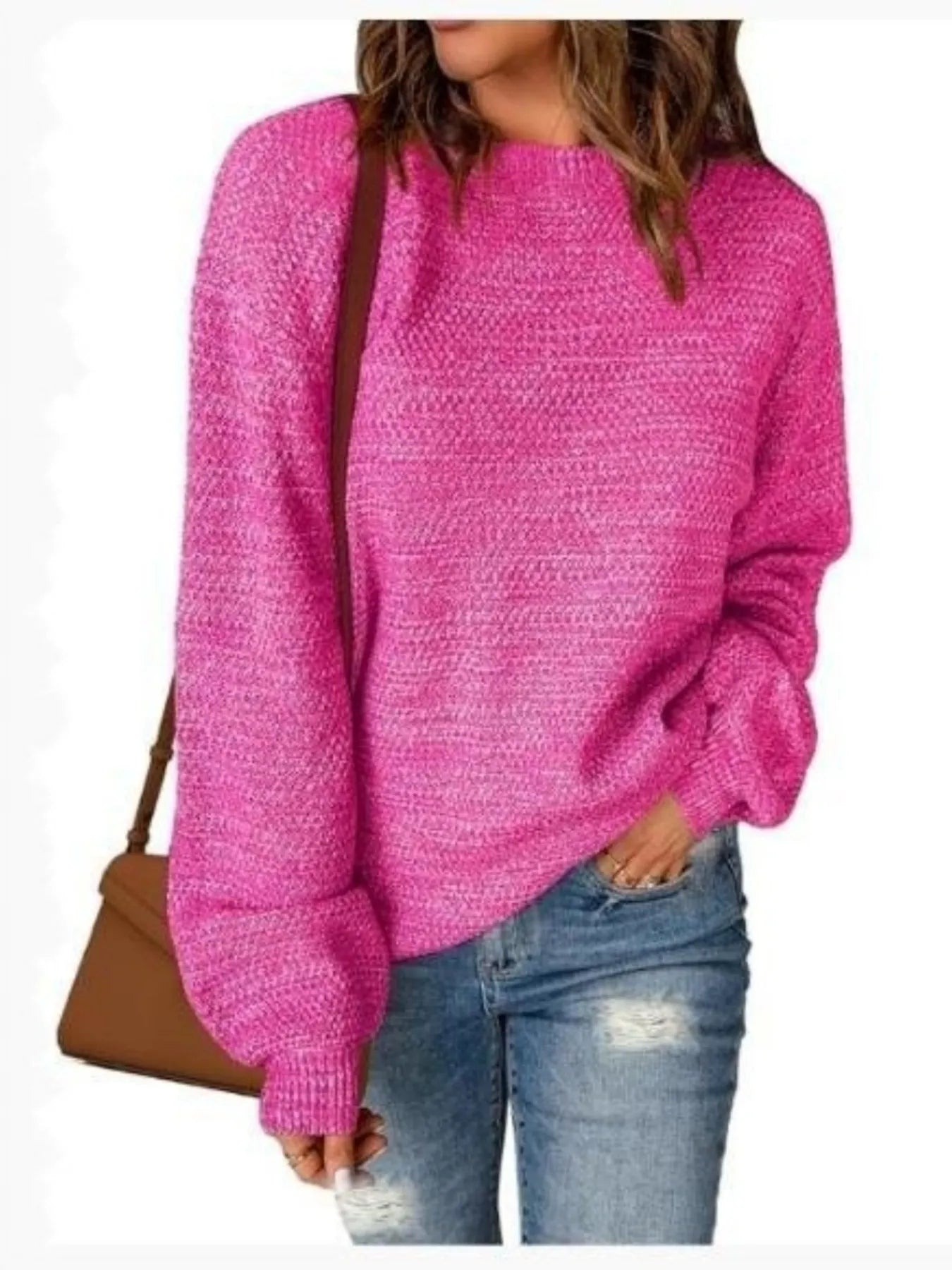 Round Neck Long Sleeve Sweater Rose Red - Fashorio