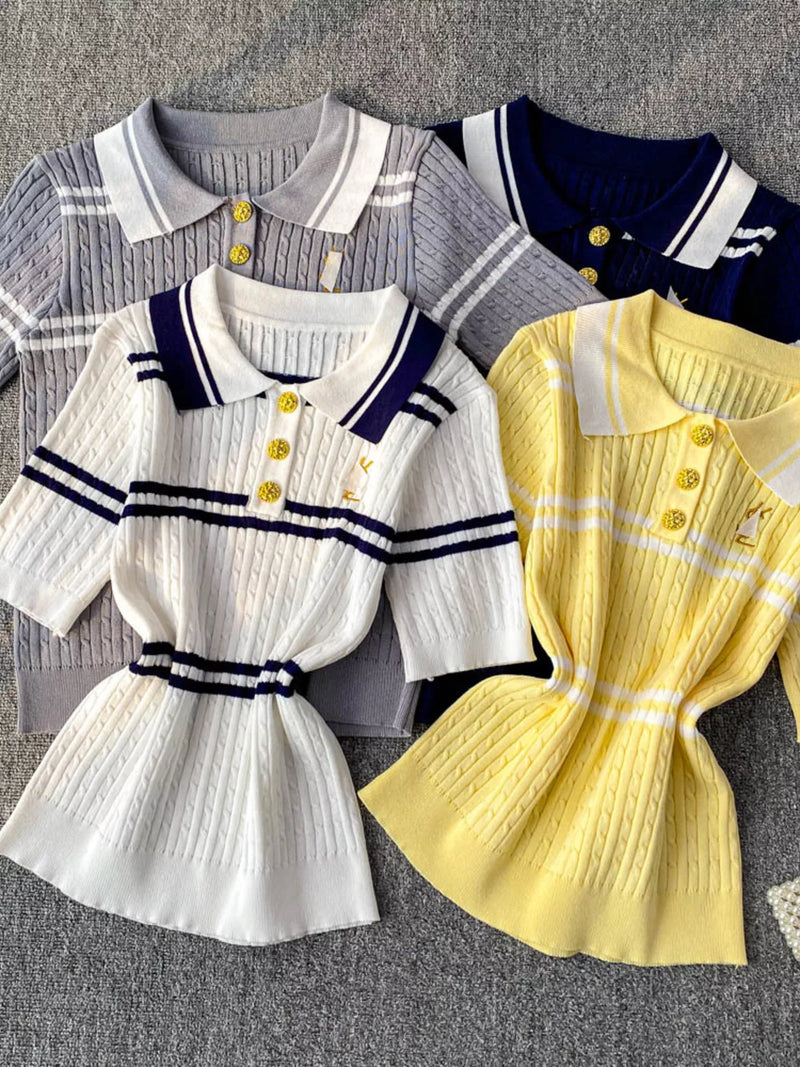 Yellow striped knit polo collar top front view