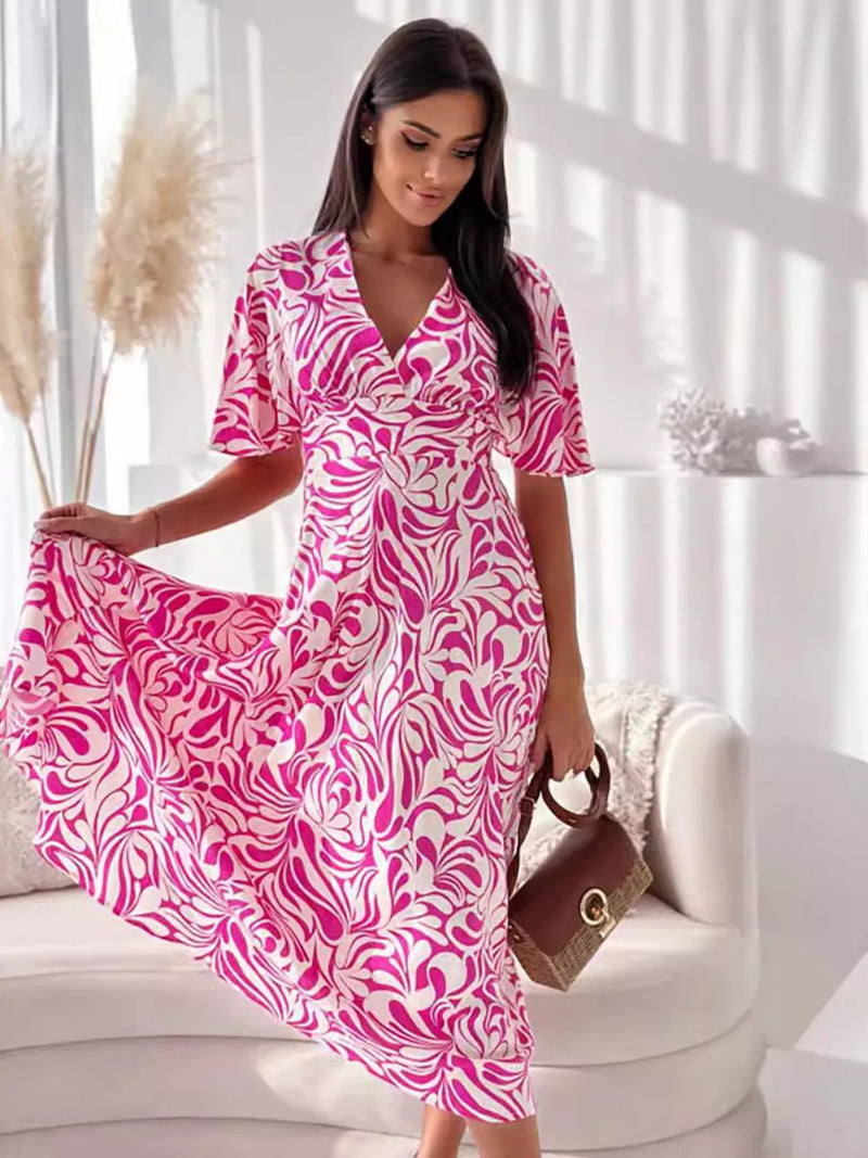 Printed flutter sleeve midi dress front view