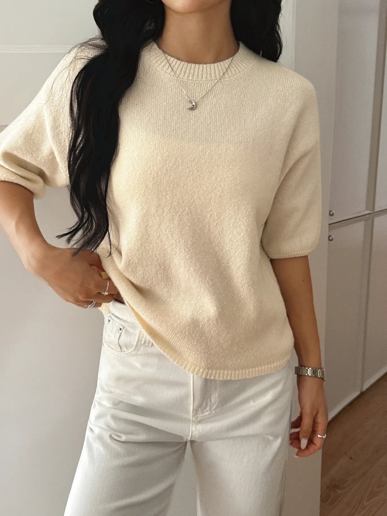 Ribbed Hem Round Neck Sweater - Fashorio