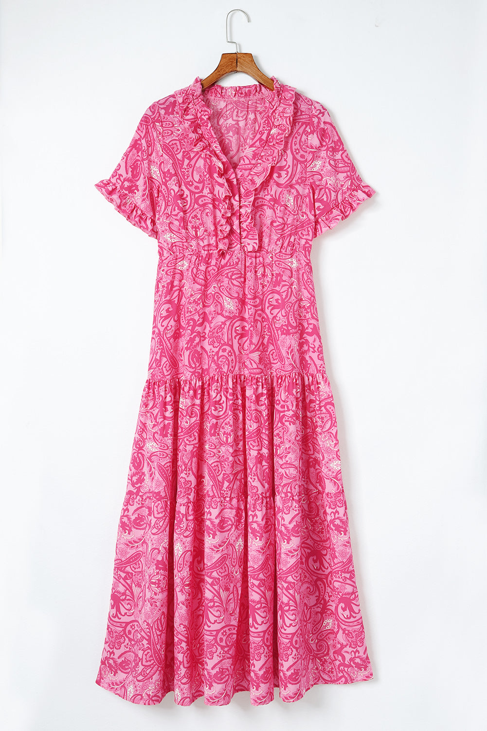 Paisley Print Flounce Sleeve Maxi Dress Hot Pink - Fashorio