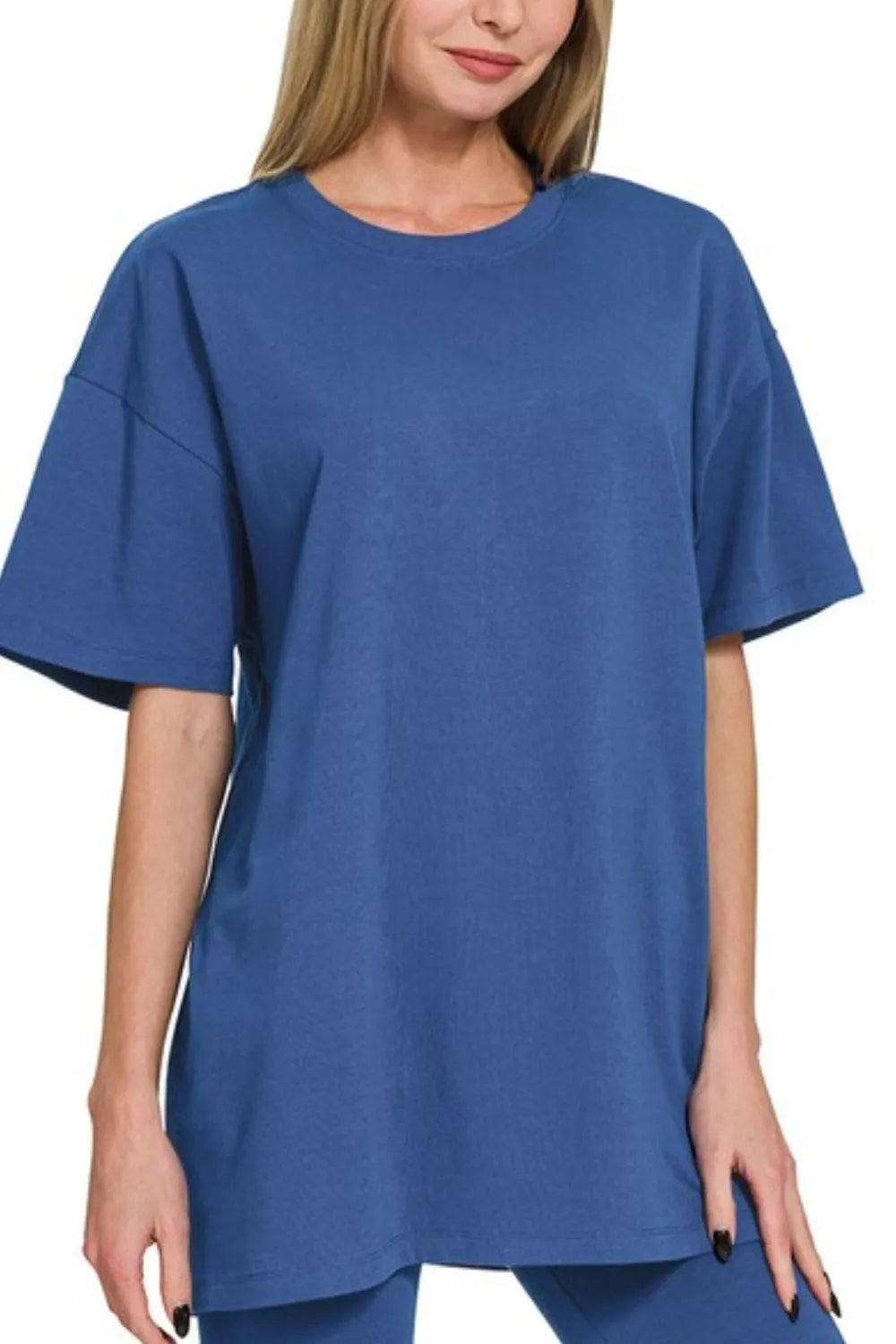 Zenana Cotton Round Neck Top & Biker Shorts - Fashorio